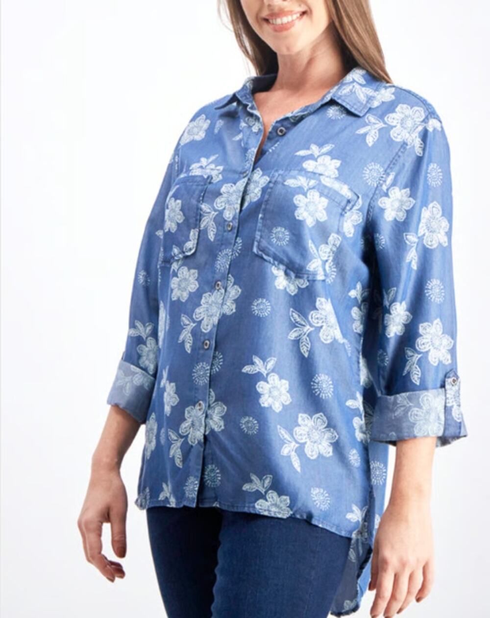 BILLY T Chambray Button Down Shirt Long Sleeve Floral Print Blue White Size L